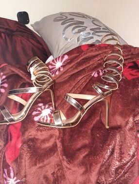 Sexy METALLIC ROSE GOLD Gladiator Ankle Wrap Stilettos High Heels Sandals Size 8